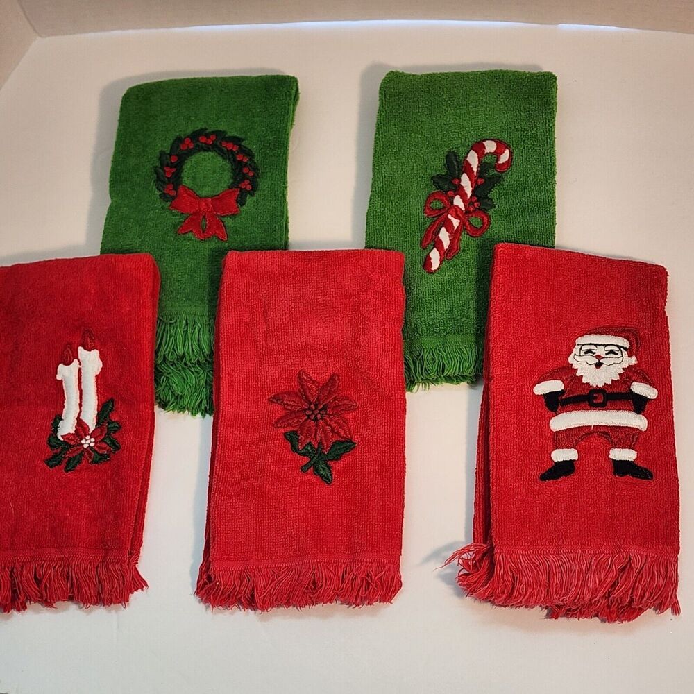 Martex Fingertip Hand Towels Vtg Christmas Embroidered Fringe Green Red Lot of 5